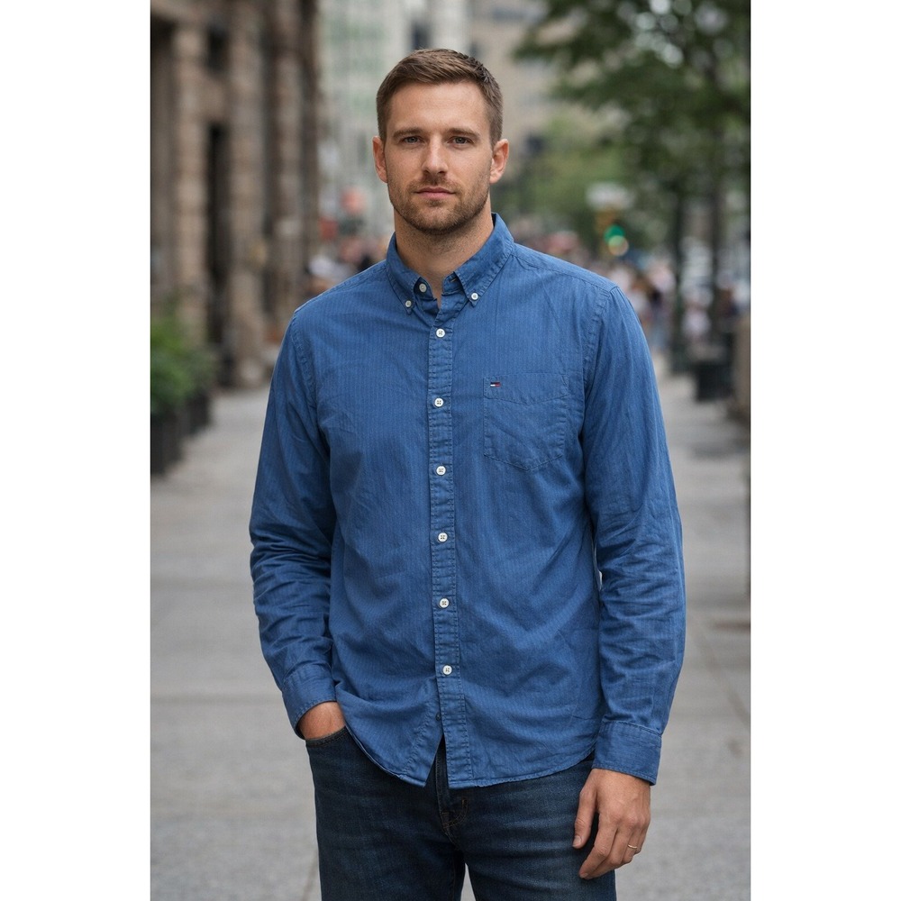 Tommy Hilfiger Button Up Men's Sz L Long Slv Shirt Custom Fit Blue Cotton Preppy